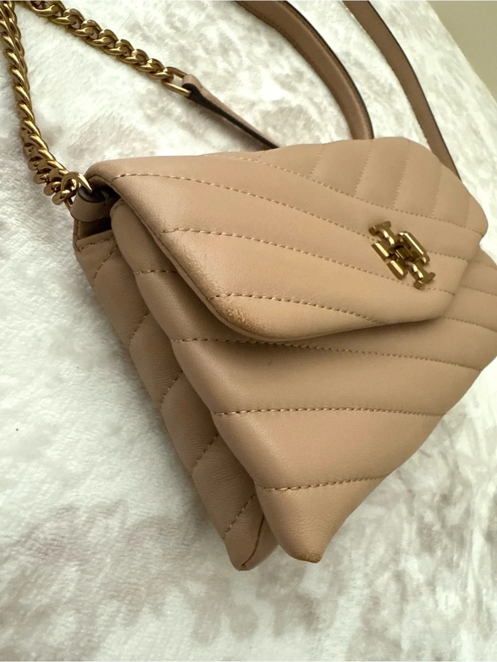 Tory Burch Kira Chevron Leather Small Crossbody Bag Nude with Gold Hardware Logo